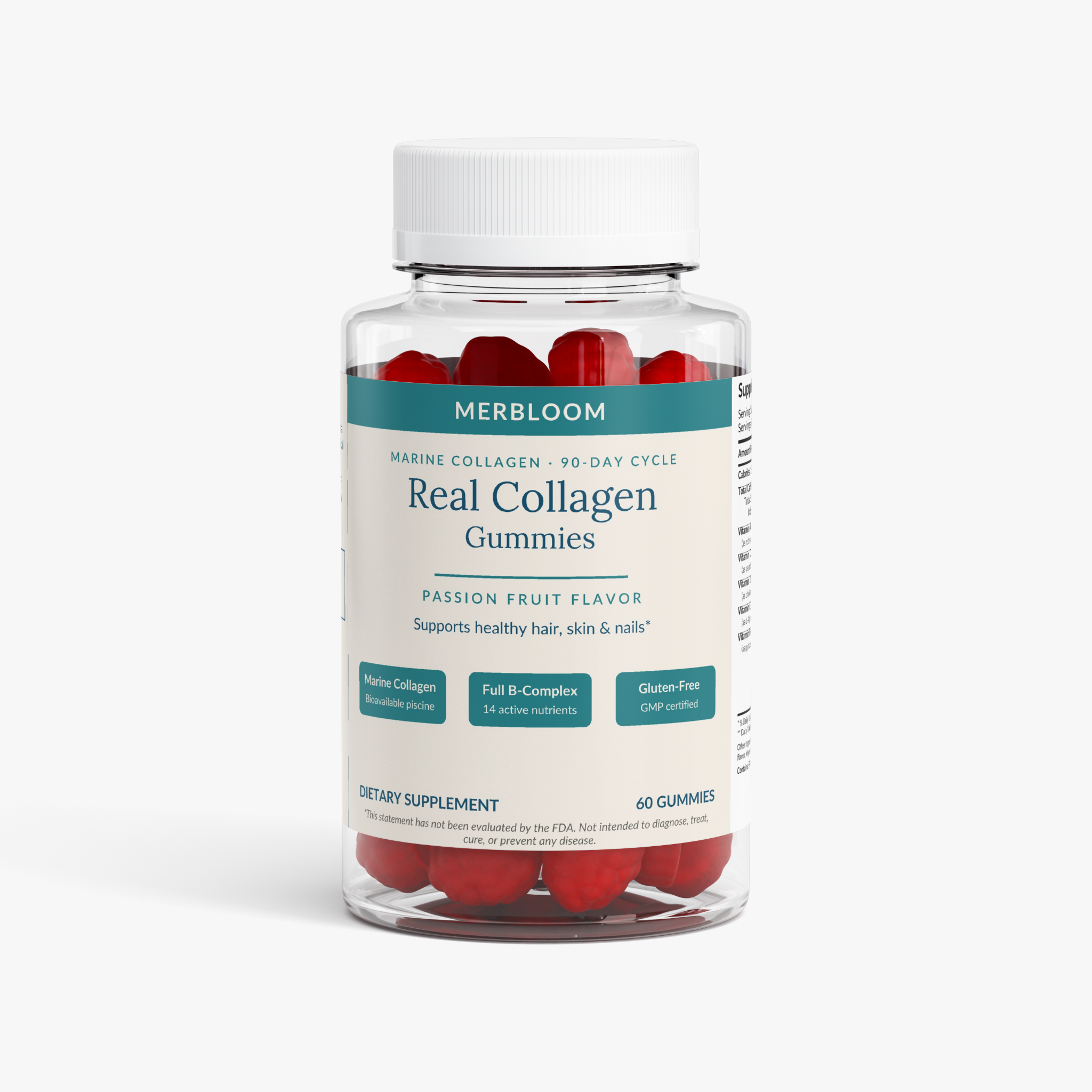 Merbloom Real Collagen Gummies bottle — front view showing MERBLOOM teal label, Marine Collagen 90-Day Cycle, Passion Fruit Flavor, 60 gummies
