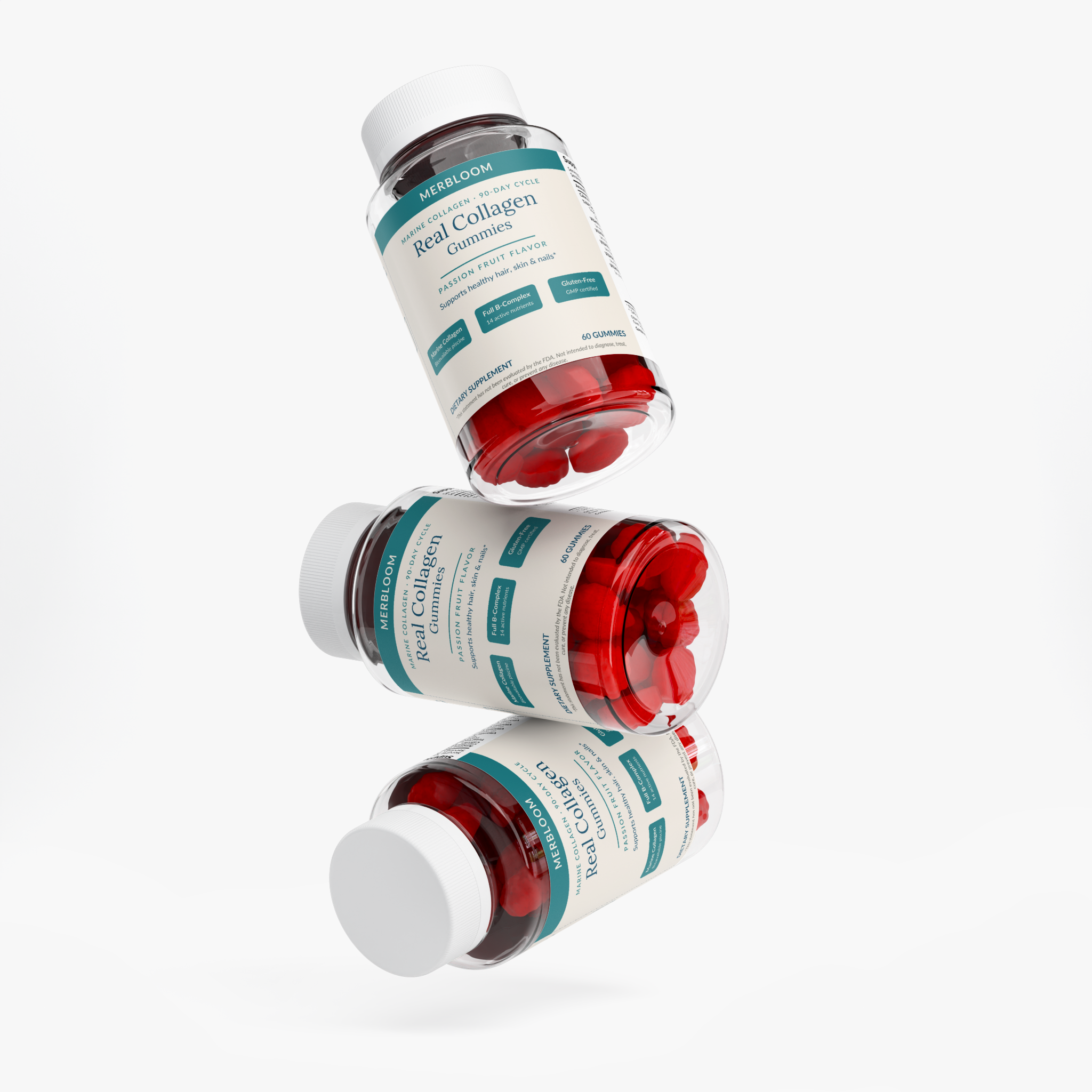 Merbloom Real Collagen Gummies — three bottle arrangement showing the 90-Day Cycle bundle, Marine Collagen Hair Skin Nails Gummies
