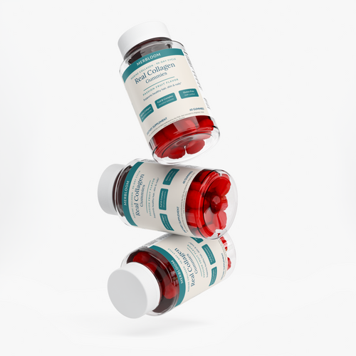 Merbloom Real Collagen Gummies — three bottle arrangement showing the 90-Day Cycle bundle, Marine Collagen Hair Skin Nails Gummies